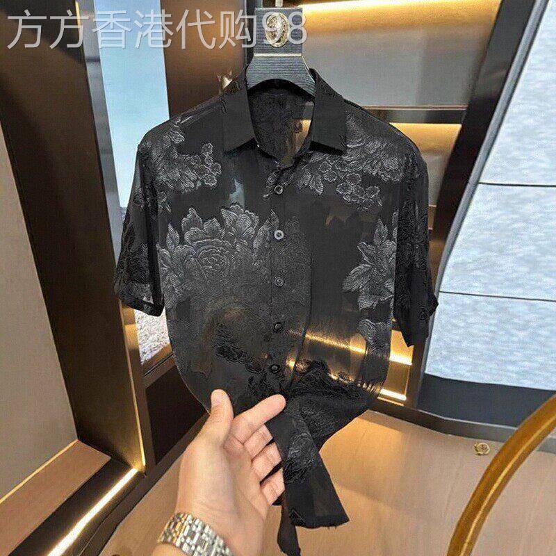 夏季新款薄款短袖t恤衬衫男宽松休闲时尚印花高级感半袖衬衣上衣