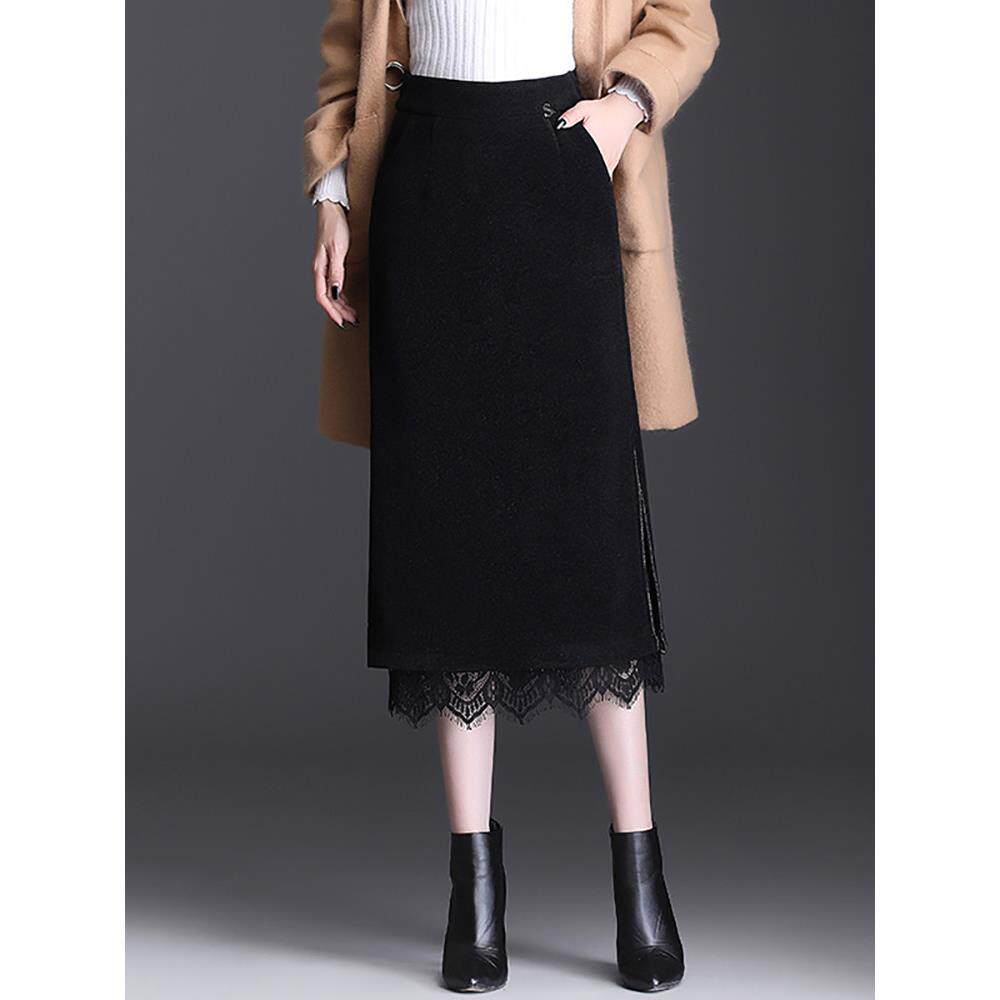 加厚针织半身裙女秋冬新款高腰中长款蕾丝拼接一步包臀水貂绒裙子