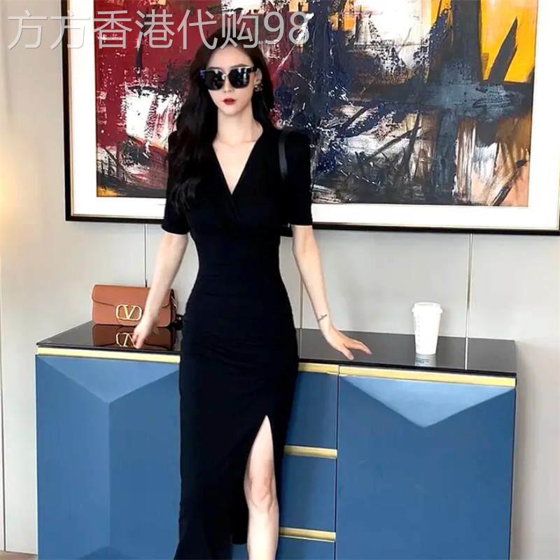 欧洲站黑色连衣裙女2026年夏季新款收腰显瘦气质开叉包臀裙小黑裙