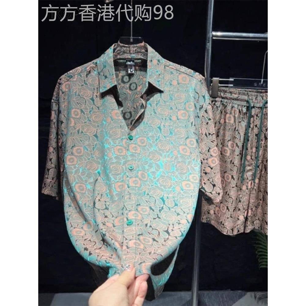 轻奢中国风覆古印花衬衫套装男士夏季薄款宽松翻领短袖短裤两件套