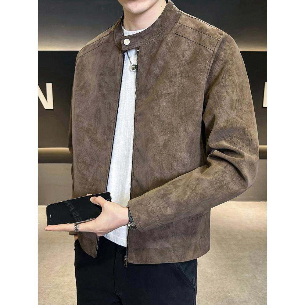 爆款外套男春秋季2025新款潮牌高级感麂皮绒机车夹克立领男装衣服