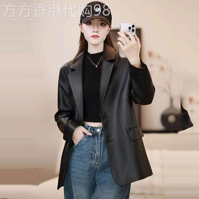 海宁爆款真皮小西装皮衣女春秋百搭中长款宽松显瘦气质绵羊皮外套