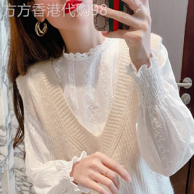 白色长袖t恤女春秋新款韩版设计感洋气内搭早秋蕾丝打底衫上衣女