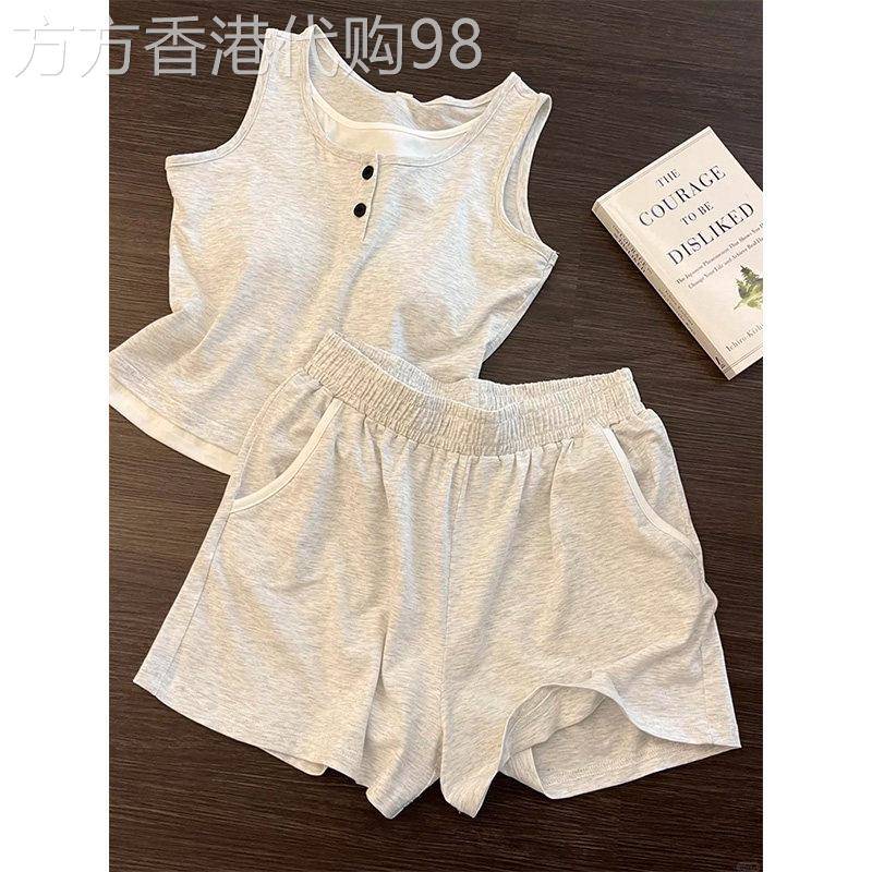 带胸垫灰色吊带睡衣女2026年夏季新款简约背心短裤外穿家居服套装
