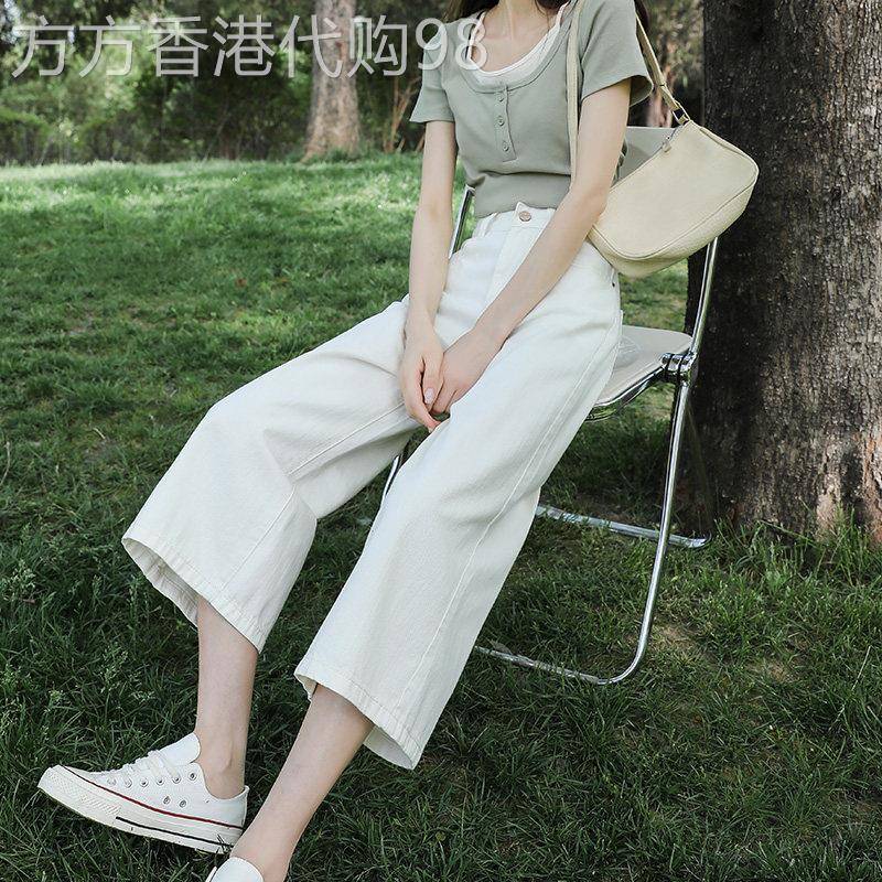 潮牌时尚米白色牛仔裤女夏季软裤子阔腿宽松奶奶裤小个子八分裤新