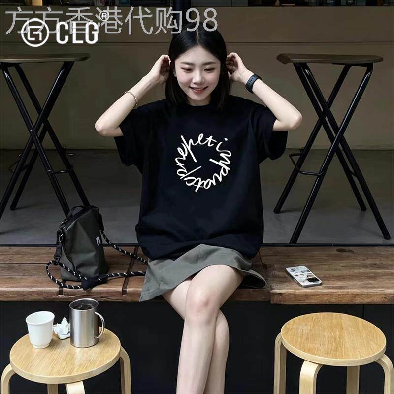 香港CLG潮牌美式复古黑色字母短袖T恤女夏季重磅圆领休闲半袖T恤