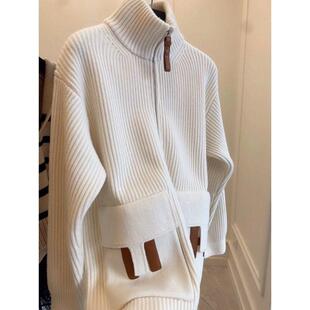 全球购法式小香风领加厚毛衣外套女秋冬新款感皮扣直筒针织衫