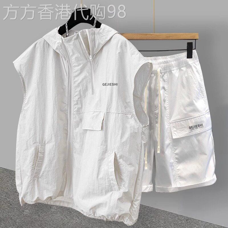 轻奢工装连帽背心T恤套装男夏季韩版潮流帅气拉炼 炼 坎肩直筒五