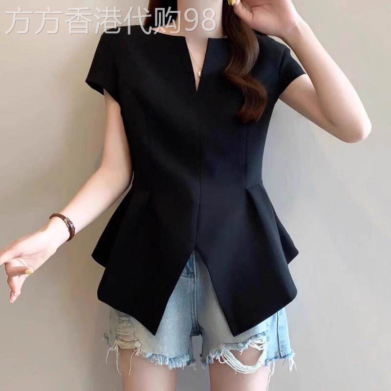 黑色衬衫女短袖夏季薄款2026新款大尺码高级感V领西装小衫蓬蓬上