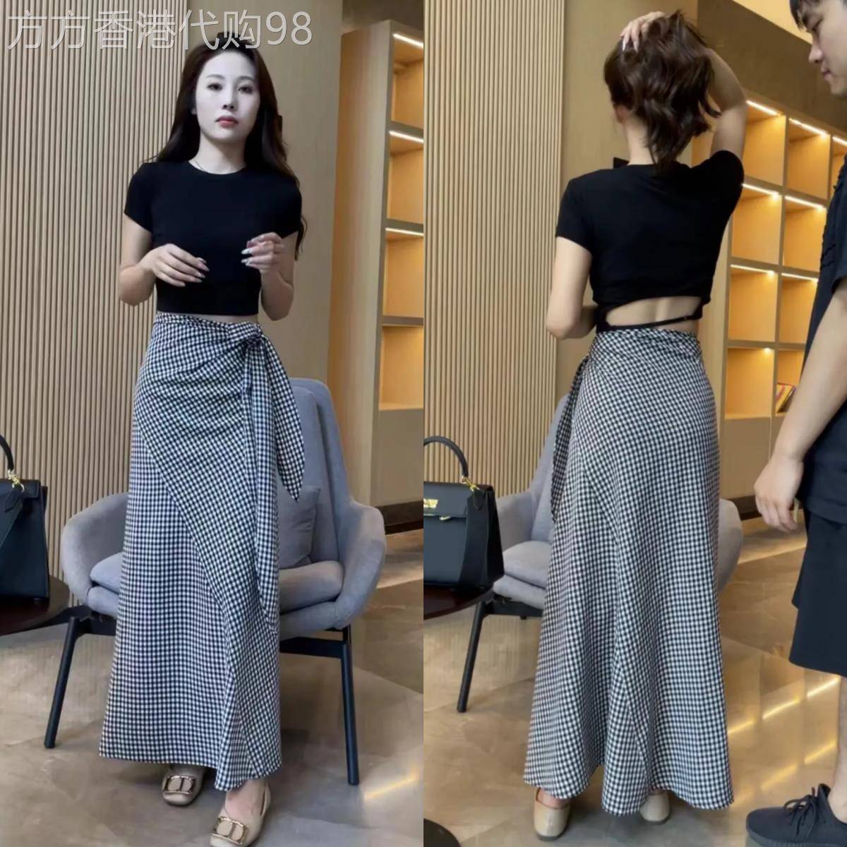 欧洲站2025新款法式复古高腰半身裙女格子系带显瘦格纹包臂长裙