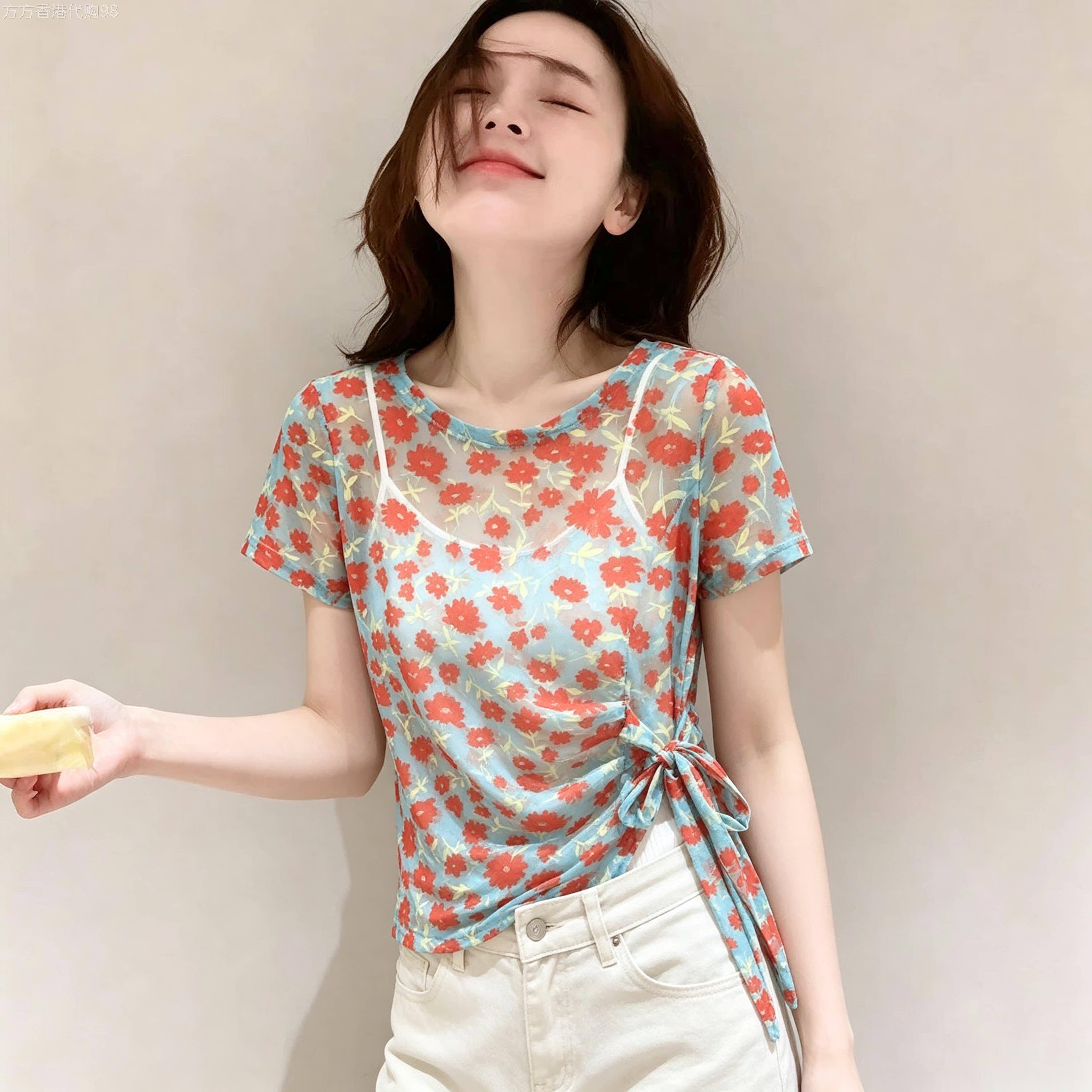 韩版法式复古碎花短袖T恤女绑带收腰高级感双层网纱防晒罩衫上衣