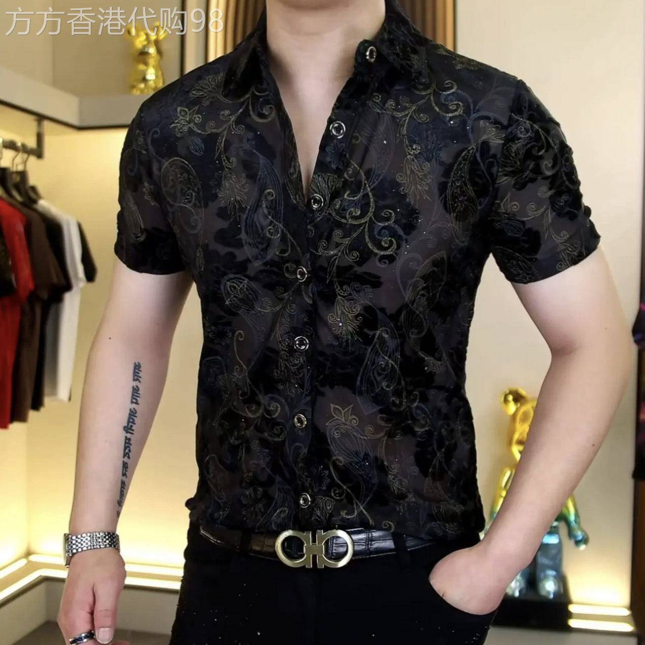 冰丝衬衫短袖男欧货潮牌翻领衬衣修身时尚痞帅弹力透气半袖上衣男
