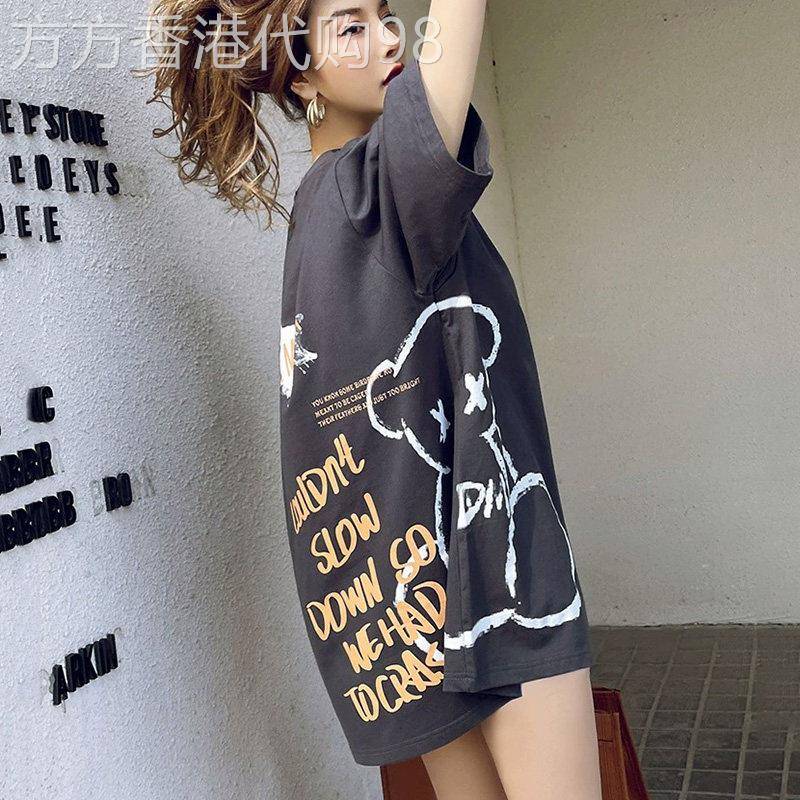 潮牌中长款短袖T恤女夏季新款时尚感印花大版慵懒风宽松半袖上衣