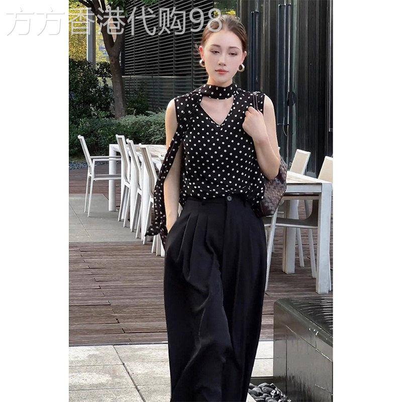 班奈悦法式高级感轻奢V领无袖衬衫女夏时尚波点飘带背心雪纺上衣