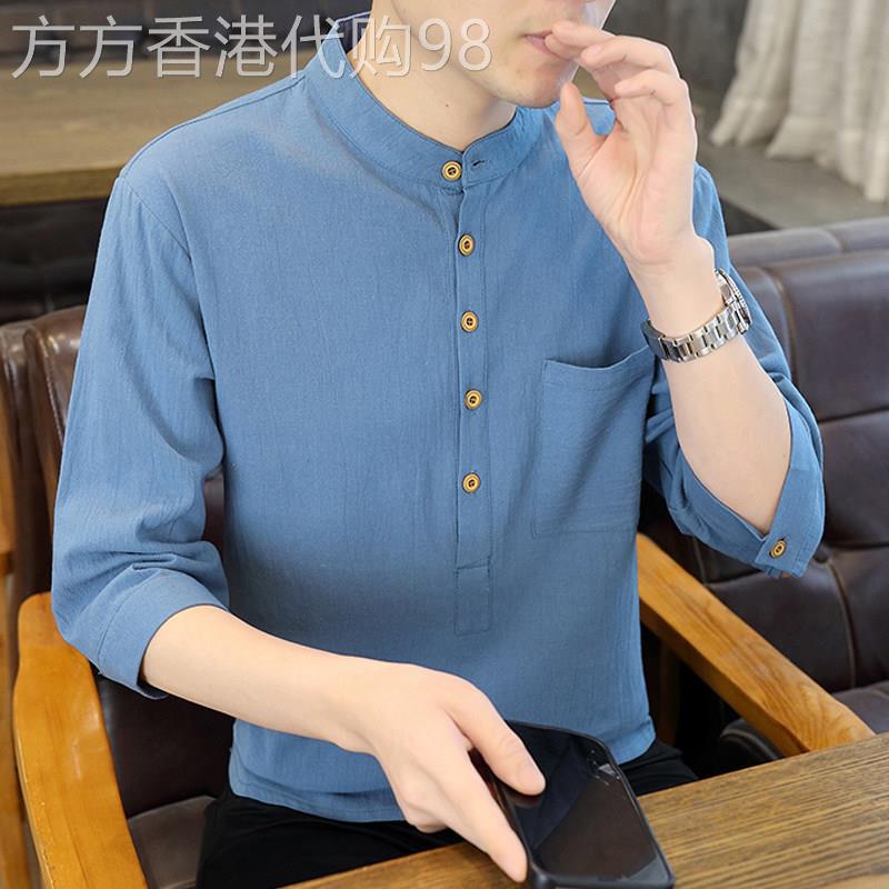夏季棉麻七分袖衬衫男薄款潮牌复古宽松立领亚麻衬衫休闲短袖T恤