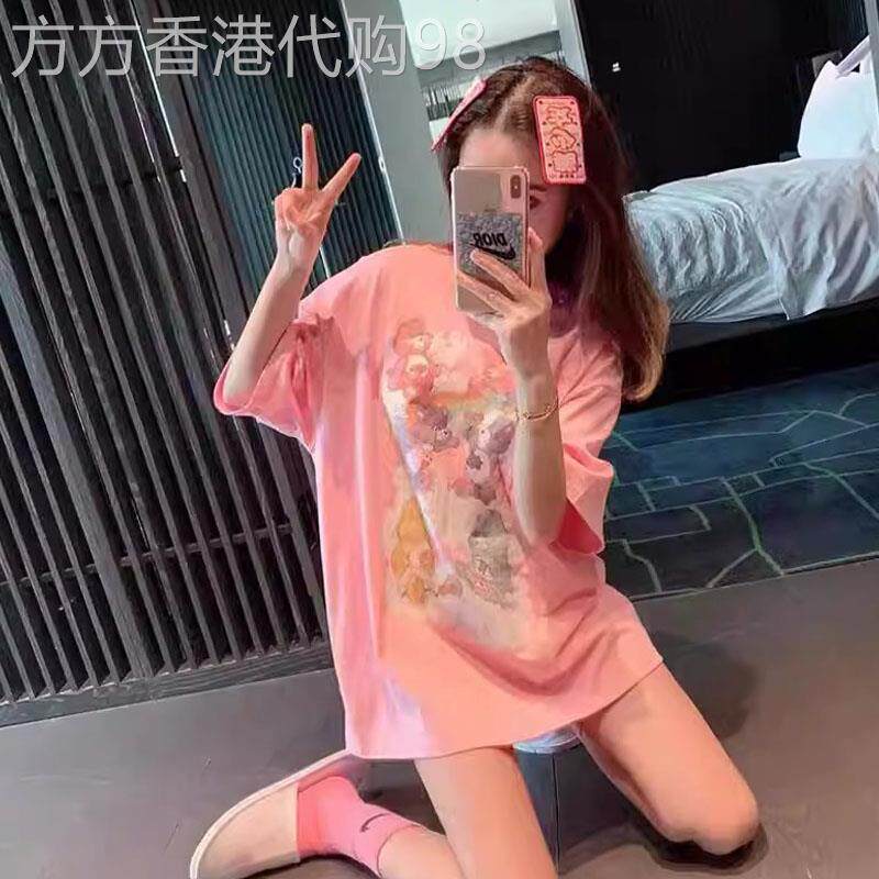 粉色短袖t恤女夏季欧货洋气纯棉小熊印花宽松中长款半袖体恤上衣