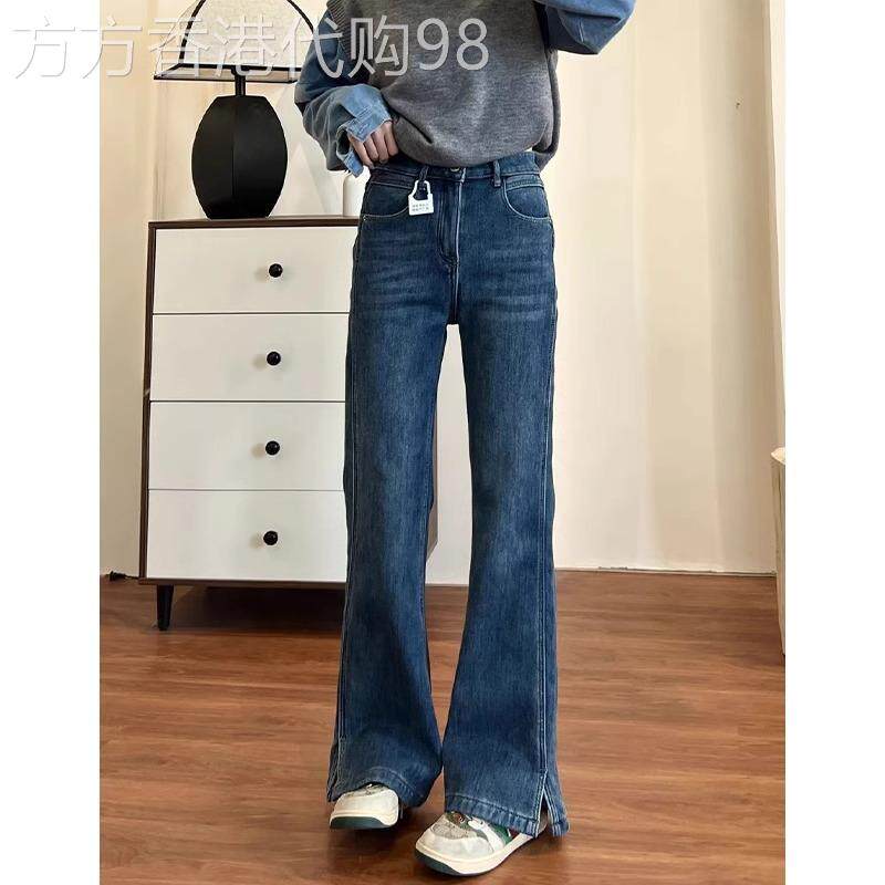 深蓝色微喇牛仔裤女2025年夏季新款高腰显瘦小个子拖地开 叉喇叭