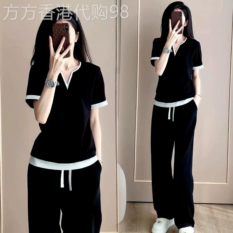 班奈悦时尚休闲运动服套装女夏季V领假两件拼接短袖阔腿裤两件套
