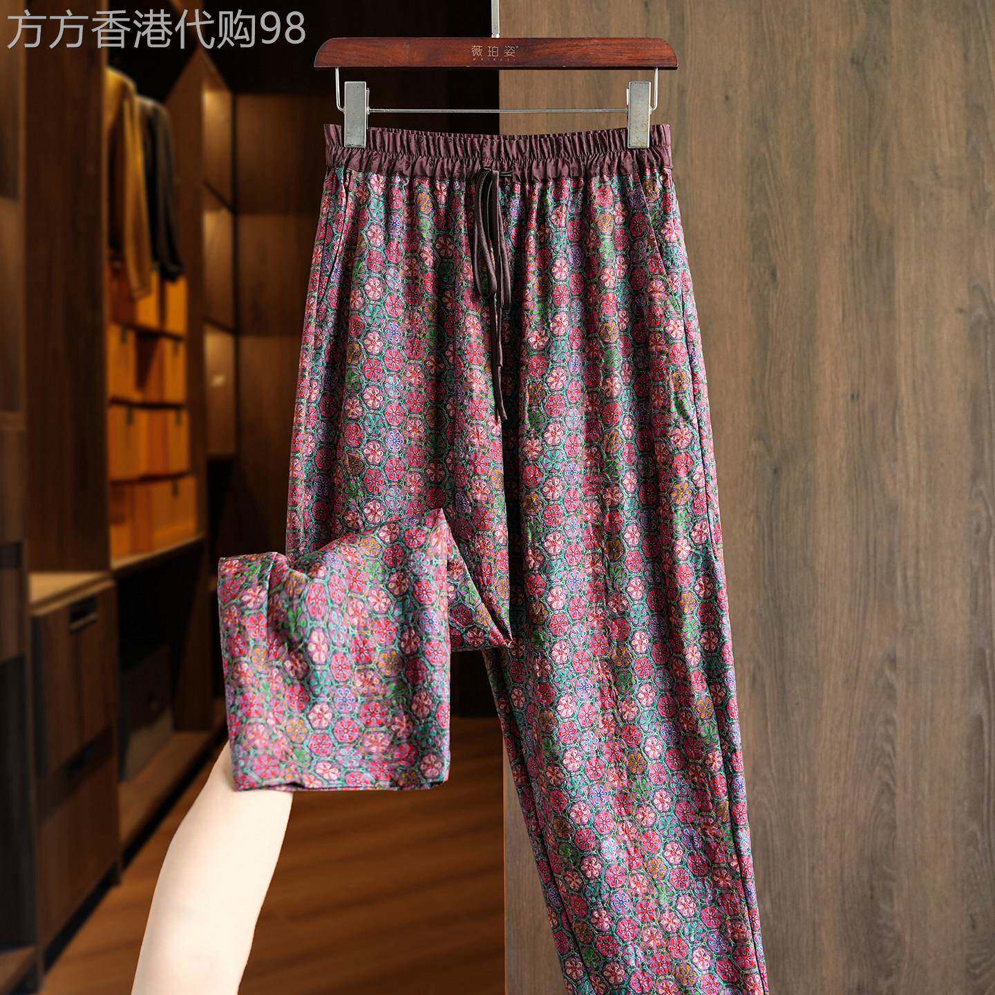 复古印花真丝香云纱宽松休闲裤女新款小个子桑蚕丝高腰九分休闲裤