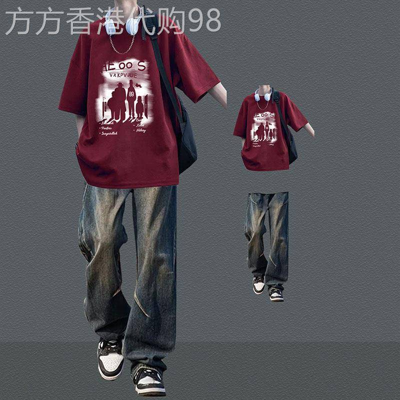 休闲运动套装男士夏季美式潮牌宽松短袖T恤牛仔裤男装穿搭两件套
