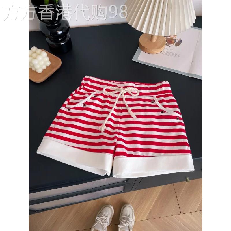 红色条纹卷边运动短裤女夏季低腰显瘦甜酷风居家打底a字阔腿热裤