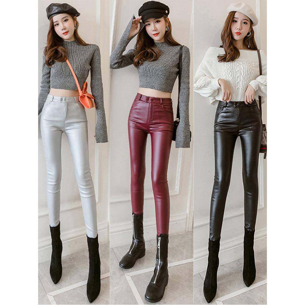 红色加绒皮裤女2025年秋冬新款韩版显瘦弹力紧身高腰小脚打底裤子