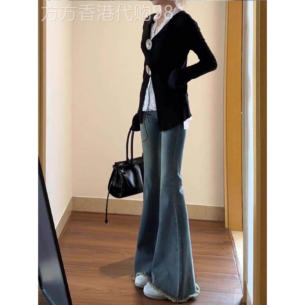微喇牛仔裤女秋冬加绒2025年新款高腰修身显瘦小个子毛边喇叭裤子