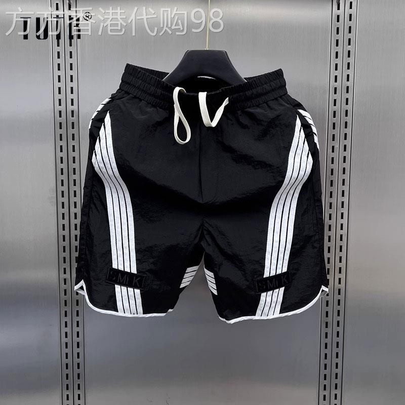 短裤男士夏季潮流宽松条纹拼接休闲中裤直筒外穿运动沙滩五分裤子