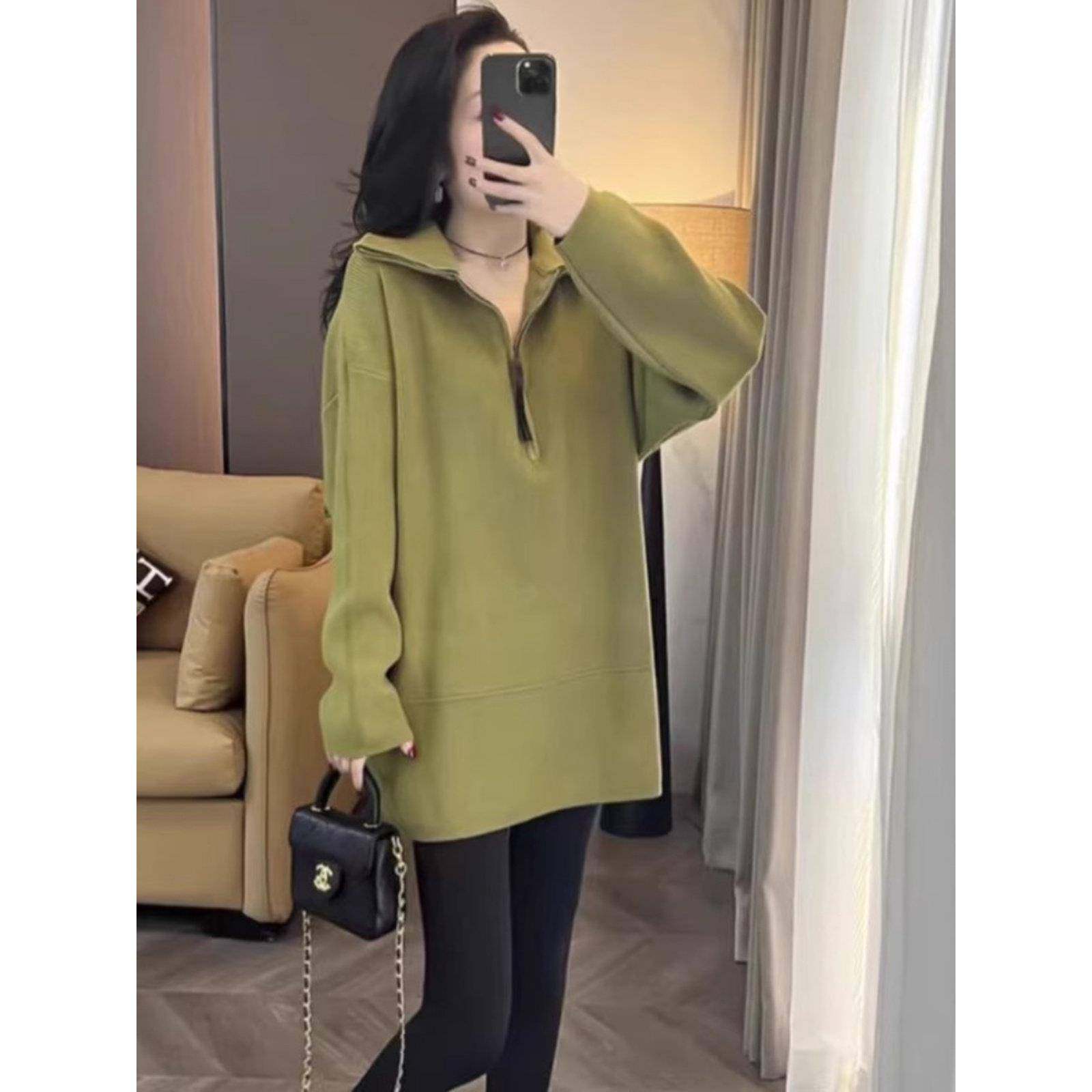 春秋季拉炼高领新款爆款卫衣女中长款外穿大码宽松休闲慵懒风女装