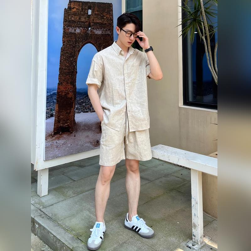 轻奢卡其色亚麻短袖衬衫一整套男2026夏季老钱风休闲百搭短裤套装