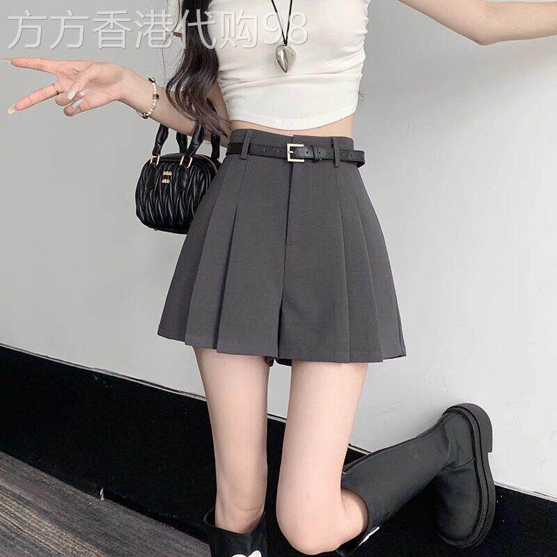 灰色阔腿短裤女夏季薄款2025新款高级感宽松假两件职业西装百褶裙