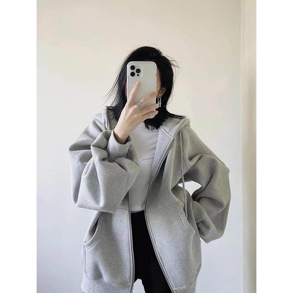 日系春秋灰色连帽卫衣外套女小个子2025年新款休闲慵懒风宽松开衫