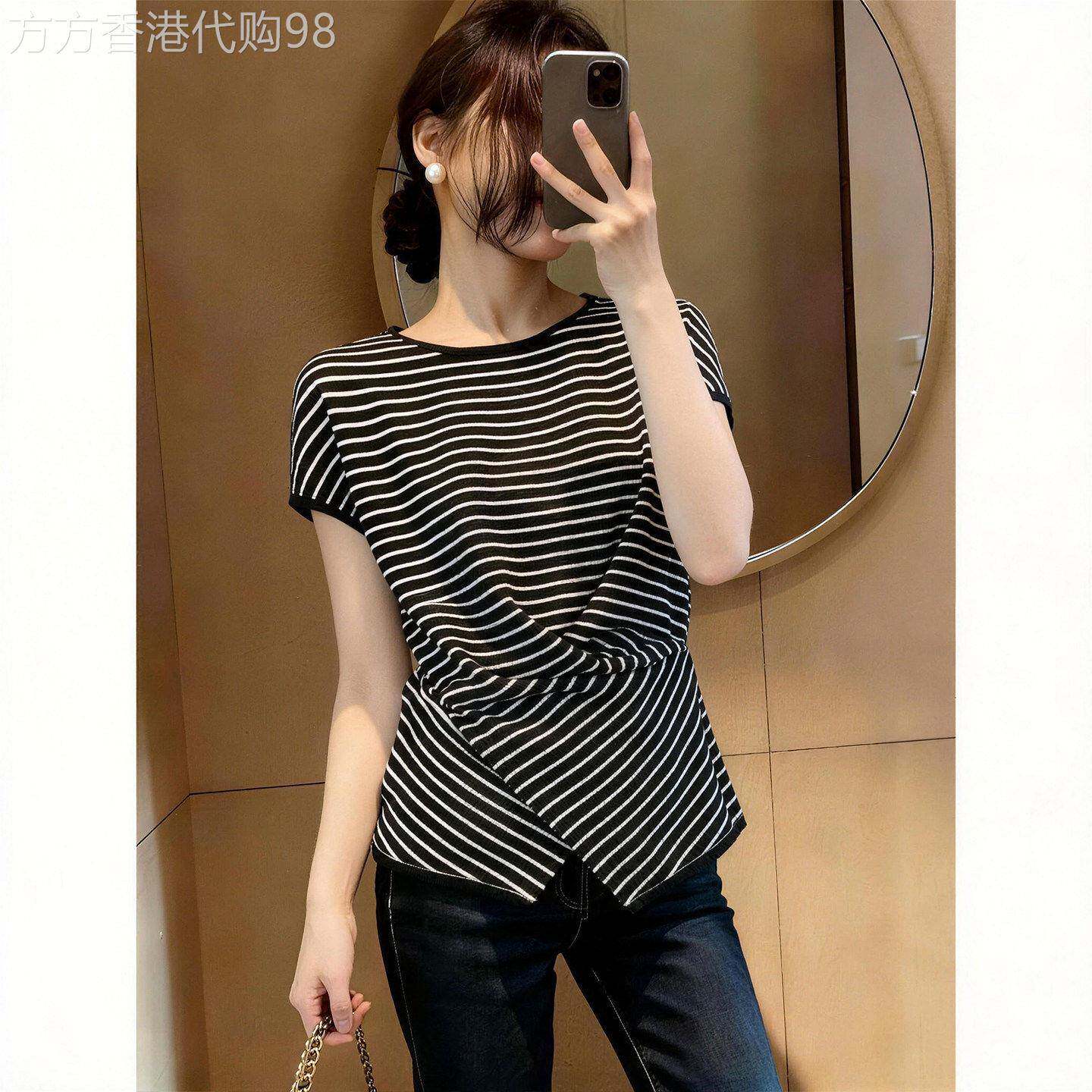 韩系不规则交叉收腰条纹上衣女夏季大码胖mm时尚气质显瘦百搭T恤