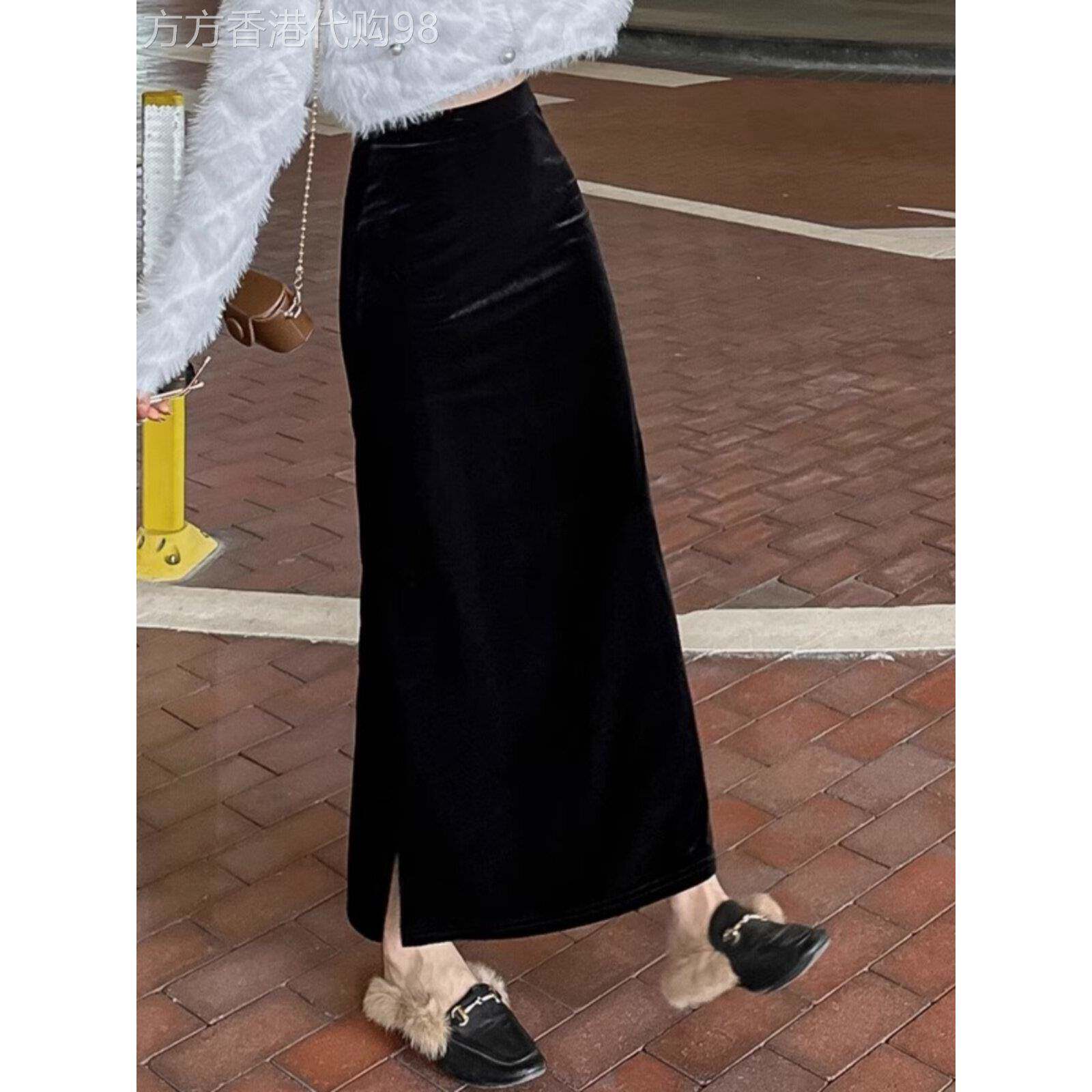 金丝绒半身裙秋冬款小个子长裙春季裙子女2025新款开叉黑色直筒裙