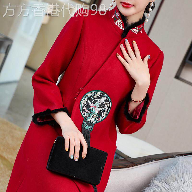中式刺绣旗袍大衣 妈妈婚宴禅意茶服中长款立领长袖单排扣红色