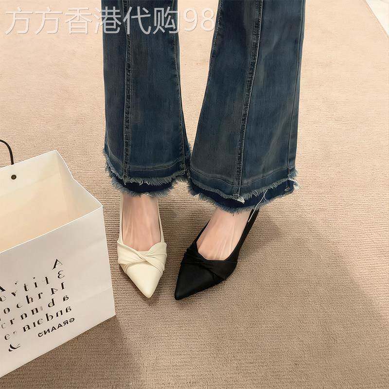 真皮白色高跟鞋女春秋季2026新款法式蝴蝶结尖头浅口细跟工作单鞋