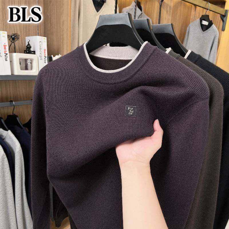 高端假两件毛衣男士秋冬2025新款加绒加厚打底羊毛衫男款针织上衣