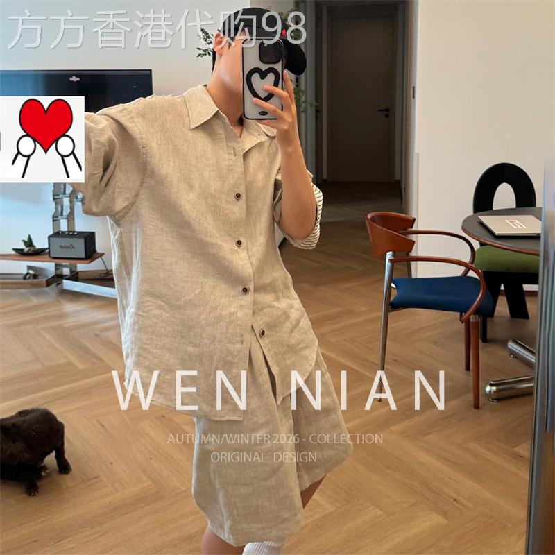 韩国WEN NIAN老钱风亚麻套装男款2026春夏季轻薄防晒短袖衬衫短裤