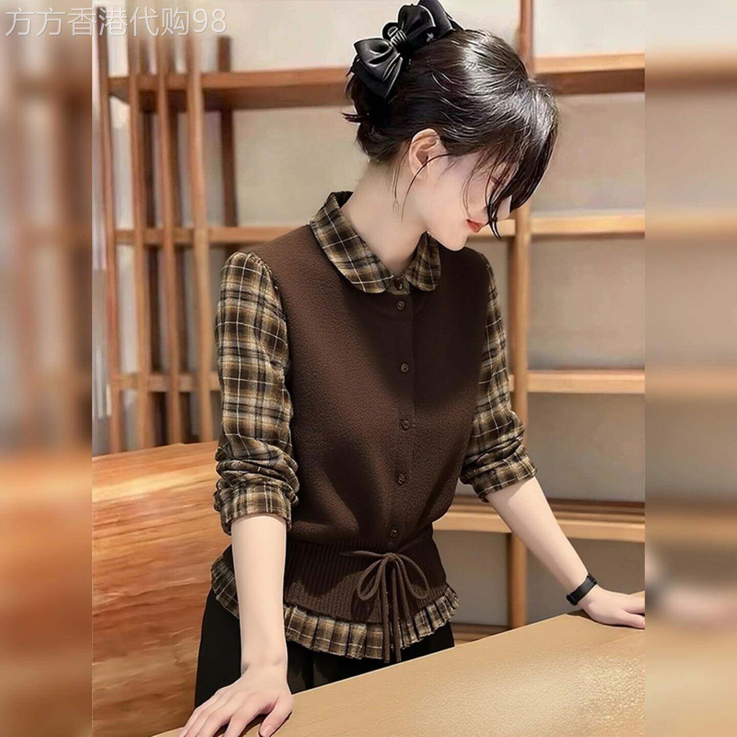 韩系时尚通勤百搭套装女2026春秋新款百搭针织马甲格子衬衫两件套