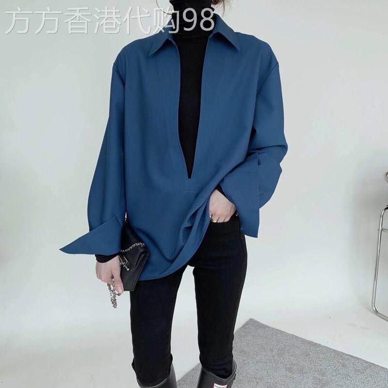 克莱因蓝衬衫女春秋季欧货西装内搭V领休闲气质上衣叠穿长袖衬衣