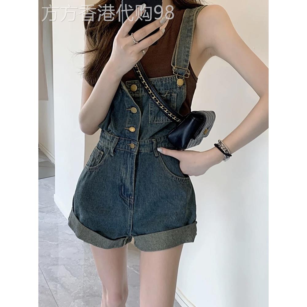 潮牌复古卷边牛仔背带裤女夏季韩版高腰显瘦小个子直筒连体短裤子