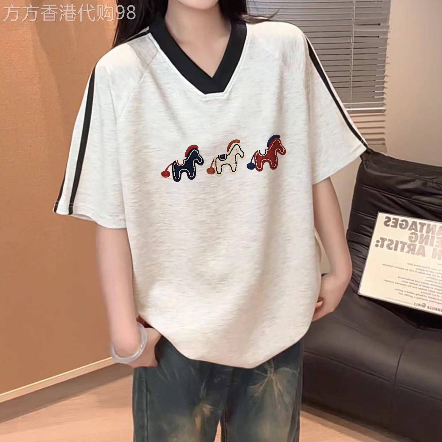 慵懒风休闲米灰色条纹短袖T恤女2026夏季爆款宽松中长款V领上衣潮