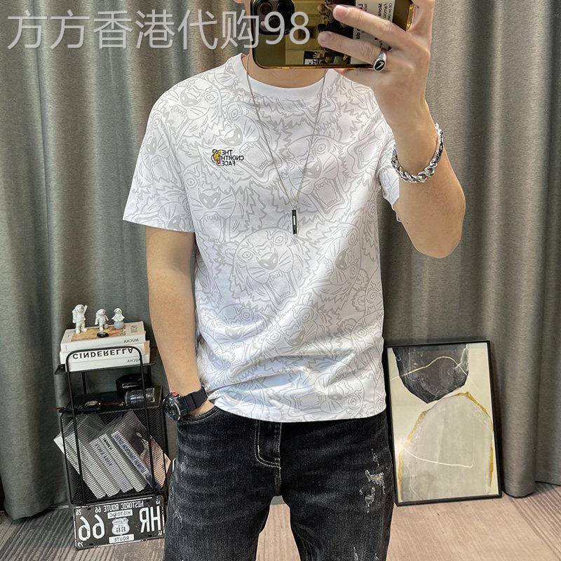 潮牌男新款男士衣服纯棉修身半袖T恤衫棉t上衣潮全身印花短袖T恤