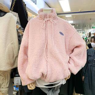 韩国粉色羊羔毛短外套女秋冬新款加绒加厚立领洋气宽松显瘦卫衣潮