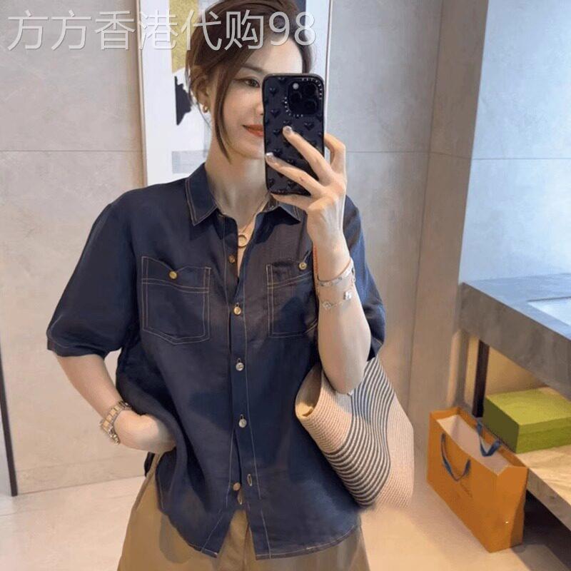 藏青色短袖衬衫女夏季2026年新款设计感小众宽松显瘦亚麻短款上衣