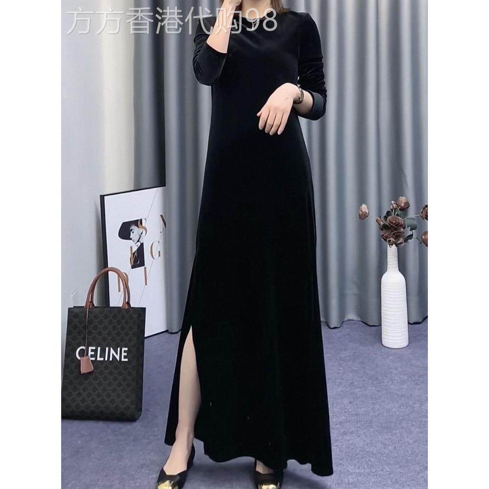 金丝绒连衣裙女秋款欧货高端复古女人味高腰赫本风开叉小黑裙长裙
