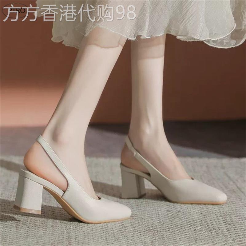 真皮粗跟包头凉鞋女夏季2026新款配裙子后空裸色单鞋一字带凉拖鞋