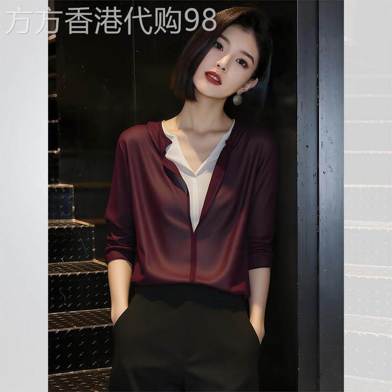 酒红色薄款假两件衬衫2026春季新款女装复古独特气质上衣百搭衬衣