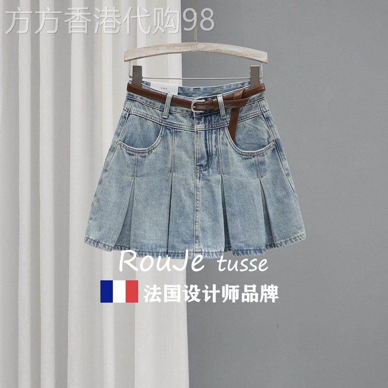 Rouje tusse夏季牛仔裙女高腰褶皱半身裙宽松显瘦防走光a字短裙