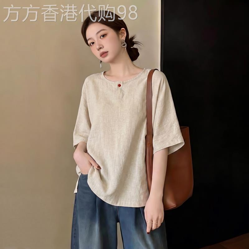 新中式棉麻T恤女夏季2026新款国风休闲百搭轻薄透气宽松遮肉上衣